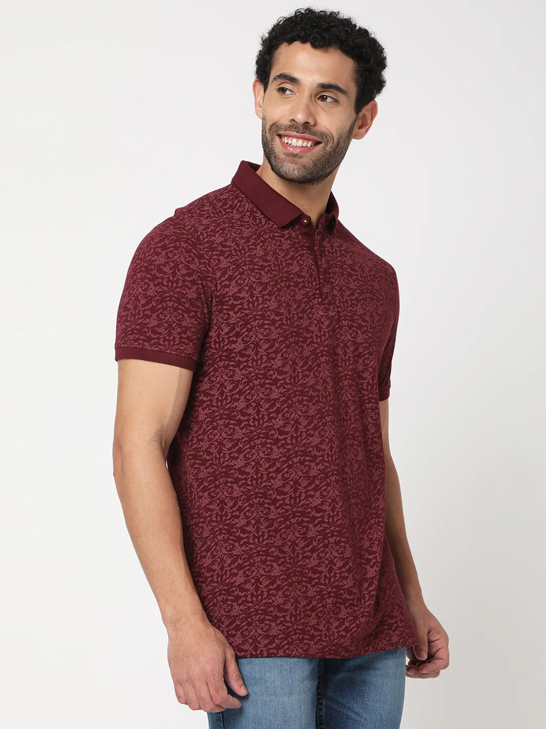 Spykar Men Wine Cotton Slim Fit Printed Polo Tshirt