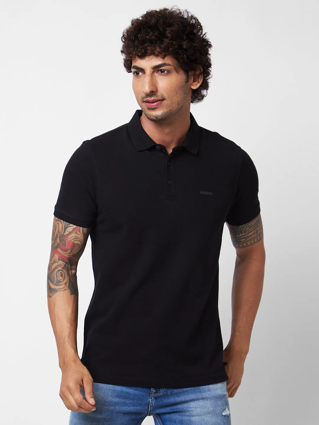 Spykar SLIM FIT Black Polo T-shirt  For Men