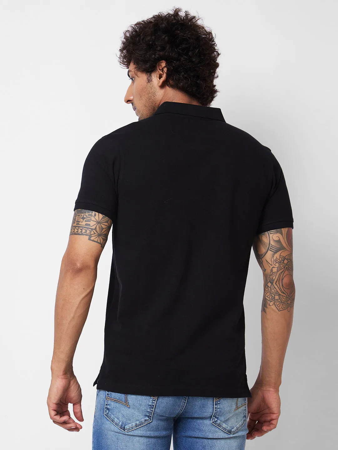 Spykar SLIM FIT Black Polo T-shirt  For Men