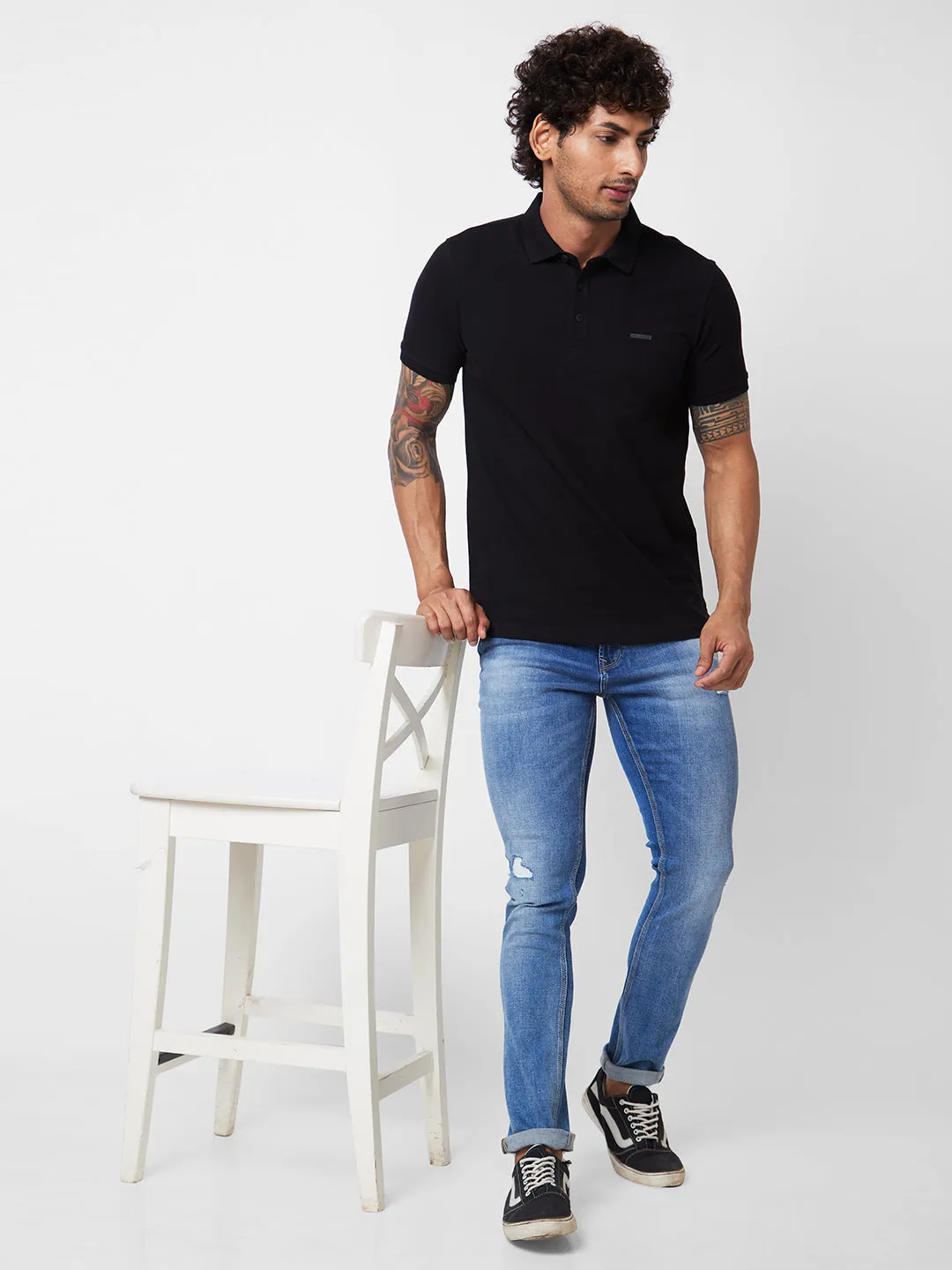 Spykar SLIM FIT Black Polo T-shirt  For Men