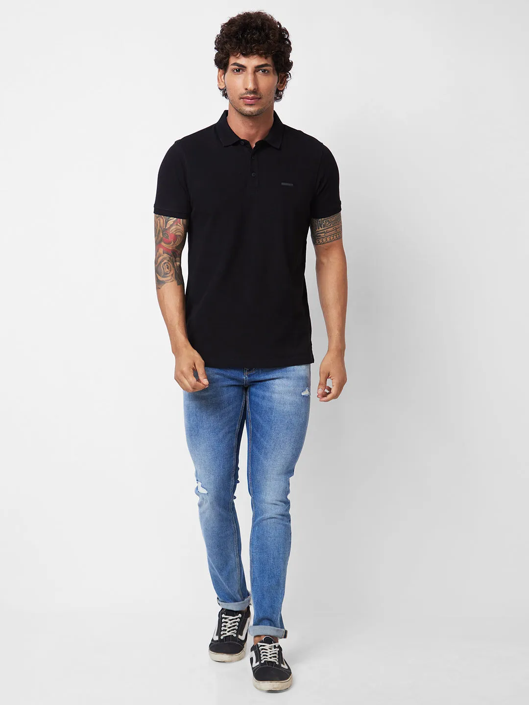 Spykar SLIM FIT Black Polo T-shirt  For Men