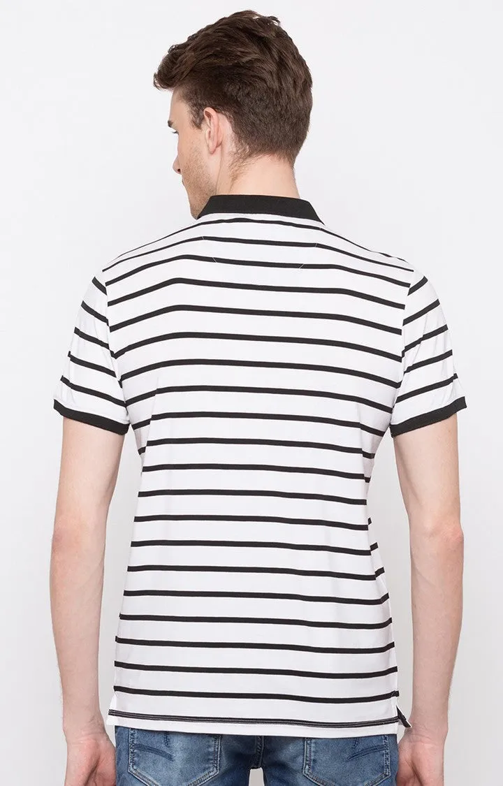 Spykar White & Black Striped Slim Fit Polo T-Shirt