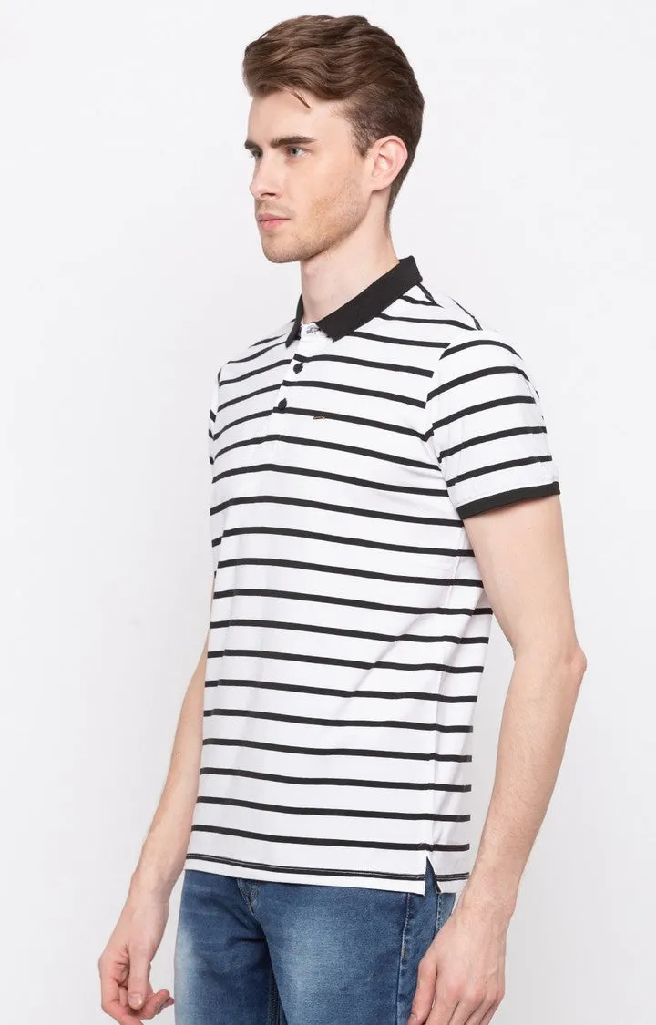 Spykar White & Black Striped Slim Fit Polo T-Shirt