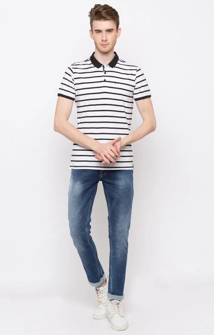 Spykar White & Black Striped Slim Fit Polo T-Shirt