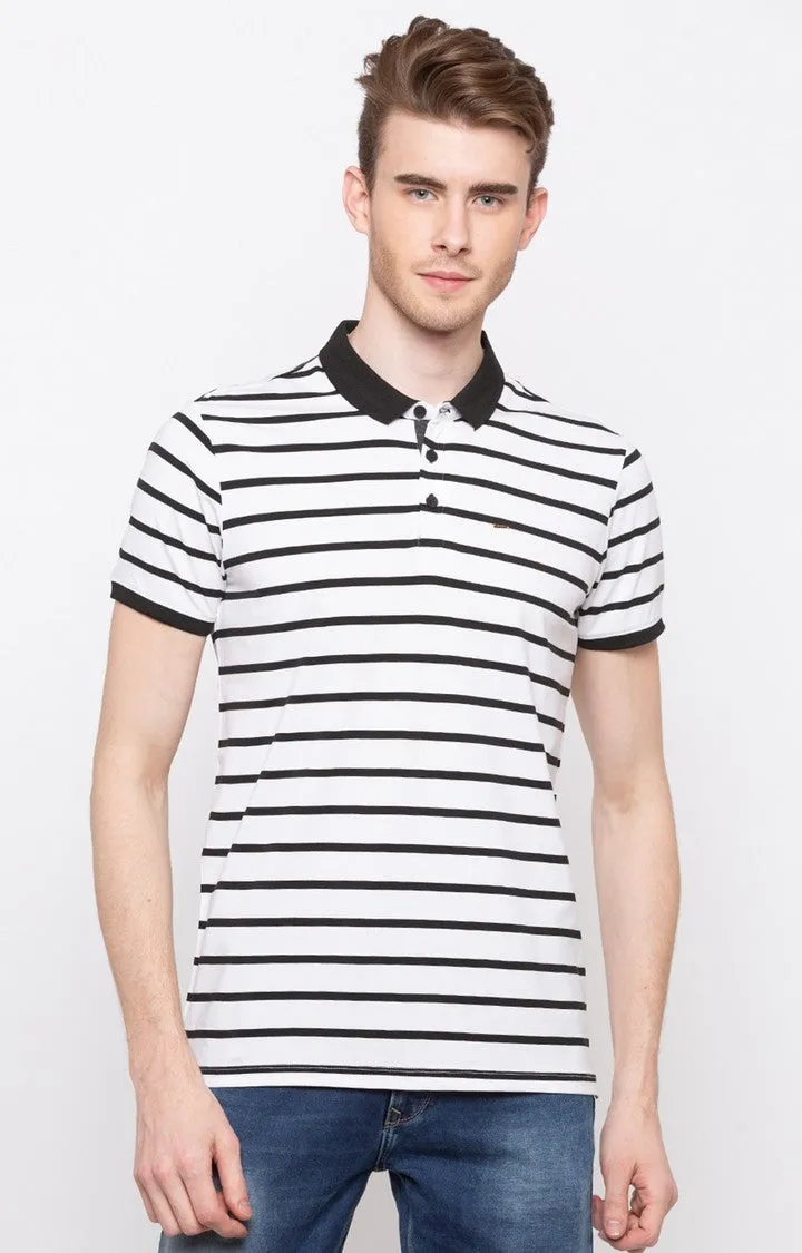 Spykar White & Black Striped Slim Fit Polo T-Shirt