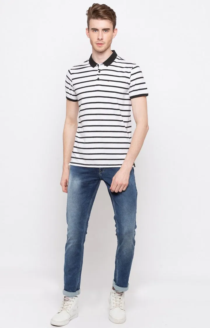 Spykar White & Black Striped Slim Fit Polo T-Shirt