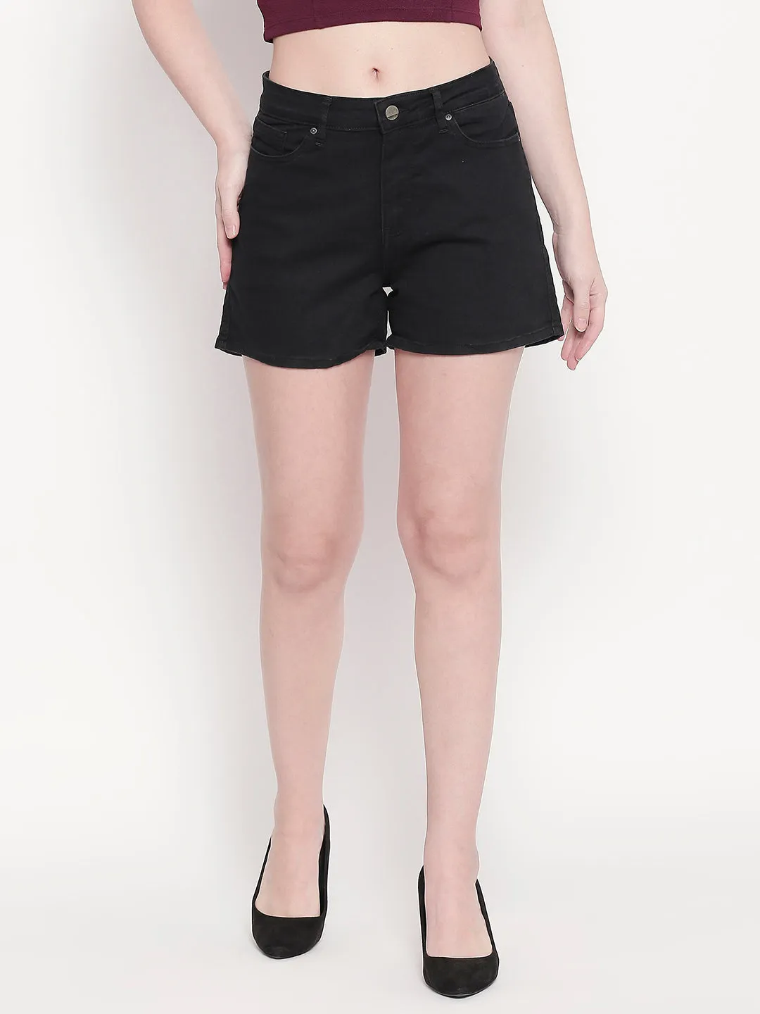 Spykar Women Black Cotton Regular Fit Denim Shorts