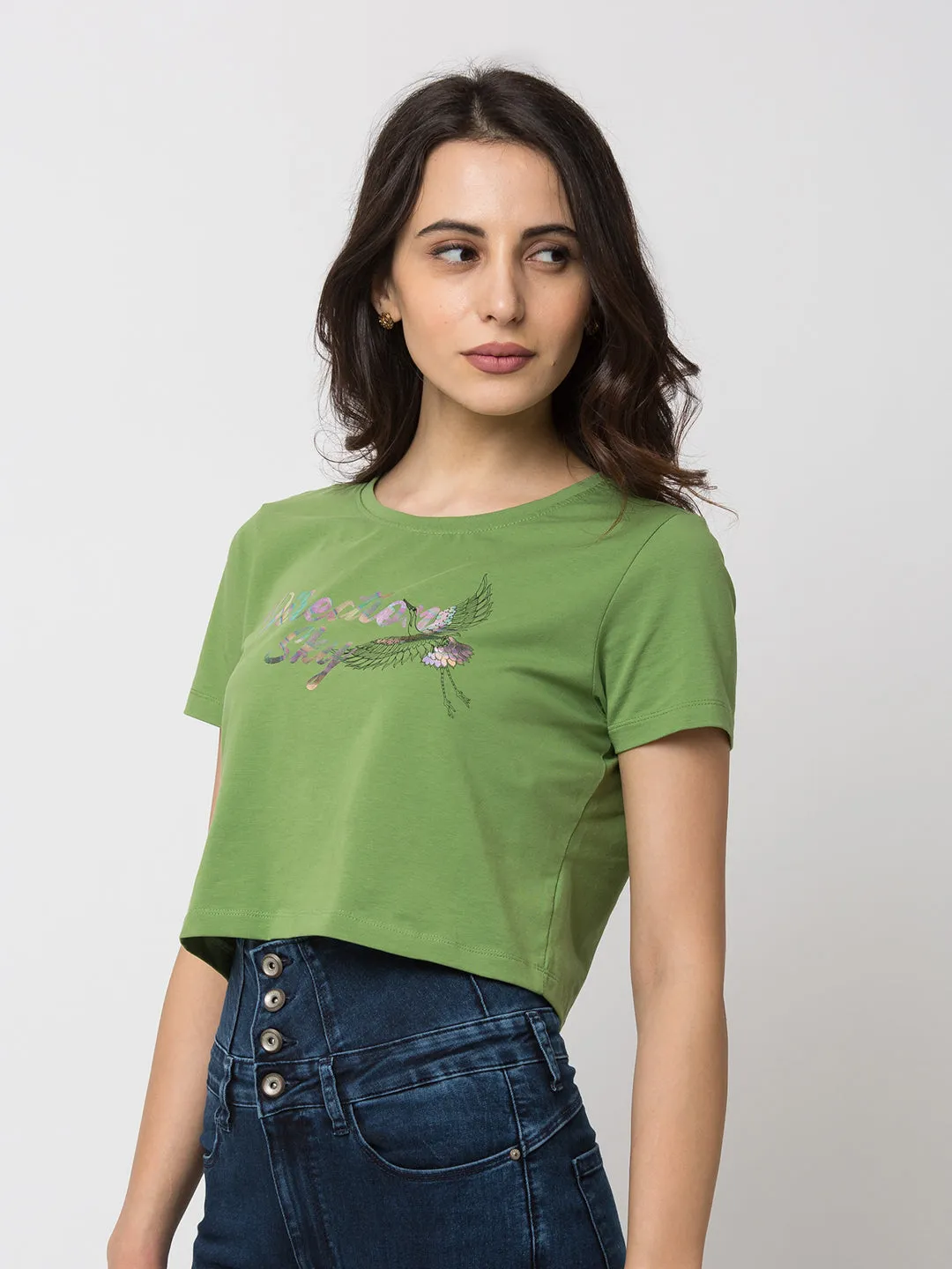 Spykar Women Green Lycra Slim Fit Round Neck Crop T-Shirt