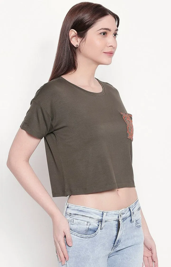 Spykar Women Green Viscose Slim Fit Round Neck Crop T-Shirt