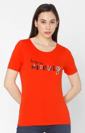 Spykar Women Orange Cotton Slim Fit Round Neck T-Shirt