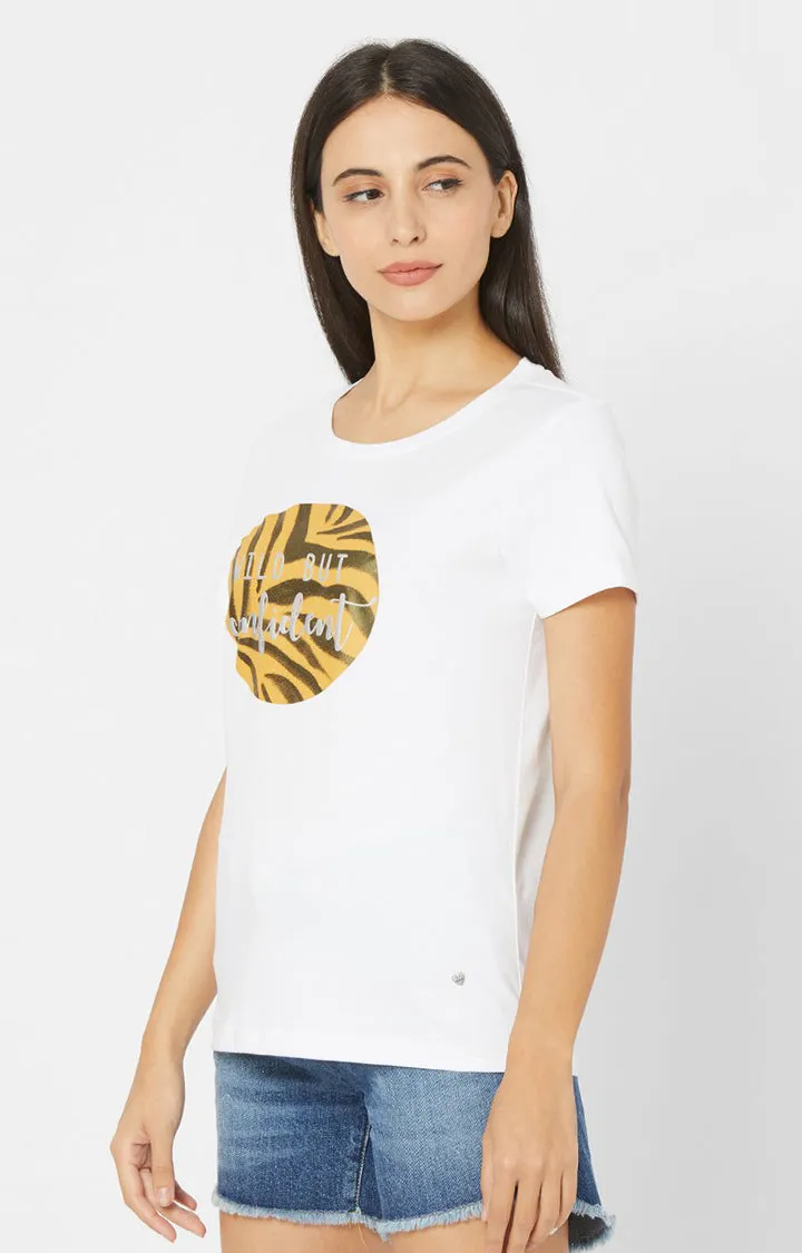 Spykar Women White Cotton Regular Round Neck T-Shirt