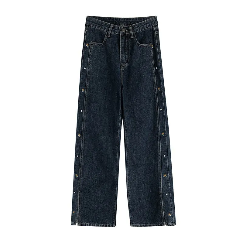 Straight Leg Patchwork Embroidery Split Hem Jeans