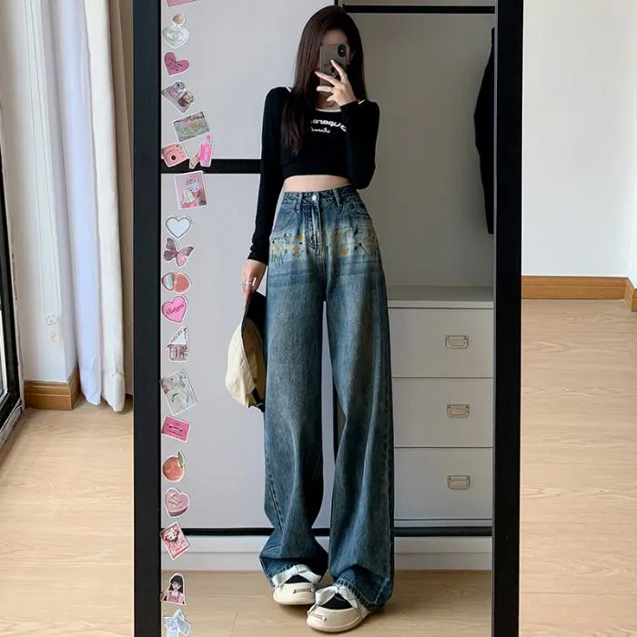 Straight Leg Print Hand-Drawn Pattern Jeans