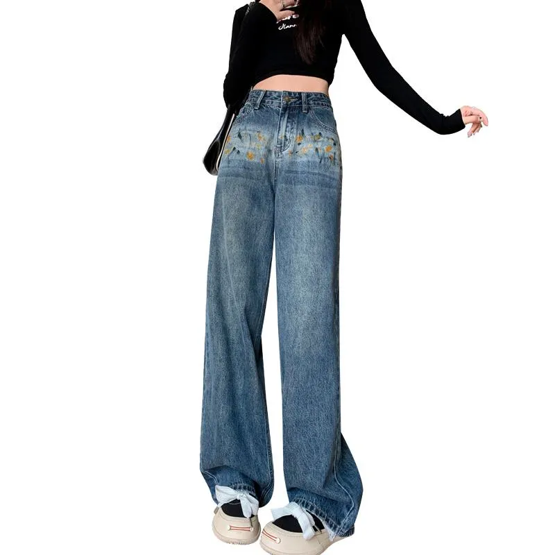 Straight Leg Print Hand-Drawn Pattern Jeans