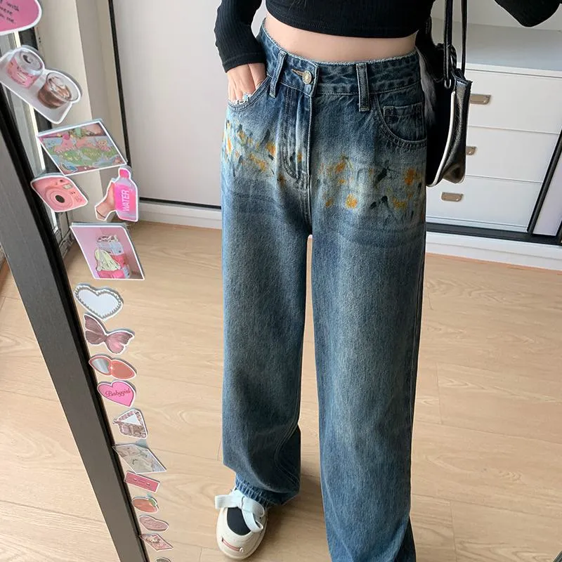 Straight Leg Print Hand-Drawn Pattern Jeans