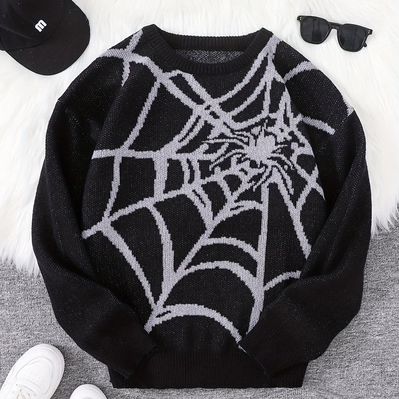 Stylish Spider Web Pattern Crew Neck Sweater - Men's Long Sleeve Knitted Pullover Top for Casual Daily Wear, Spring Autumn and Winter - Soft, Warm, and Comfortable