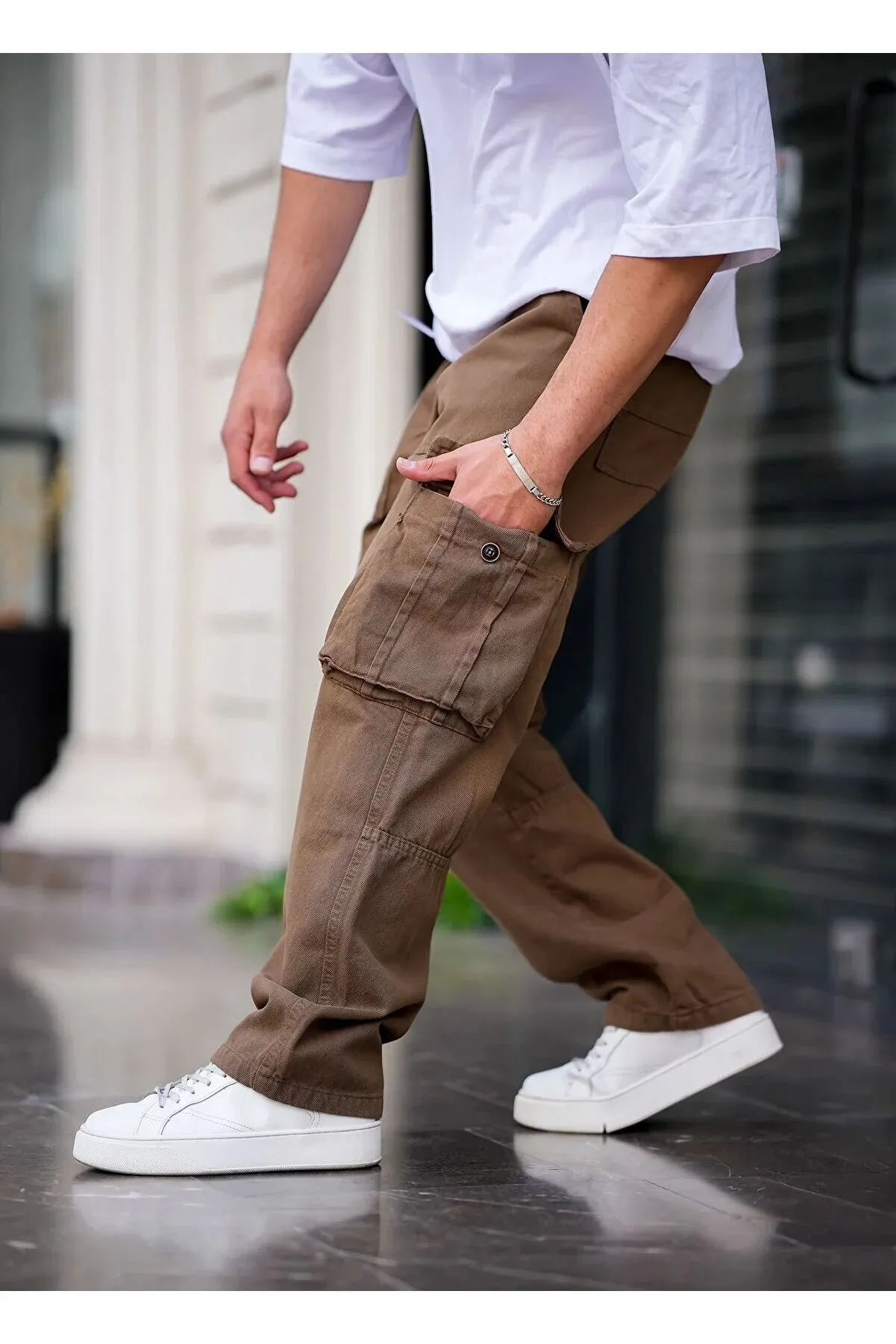 Tarz Cool Men's Coffee Cargo Pocket Baggy Pants