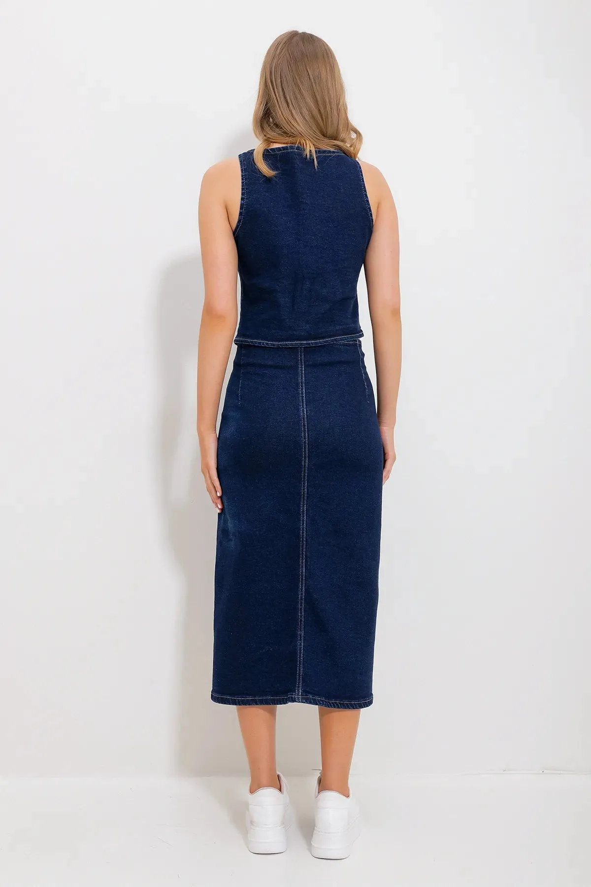 Trend Alacatı Style Women's Navy Blue Buttoned Jean Skirt