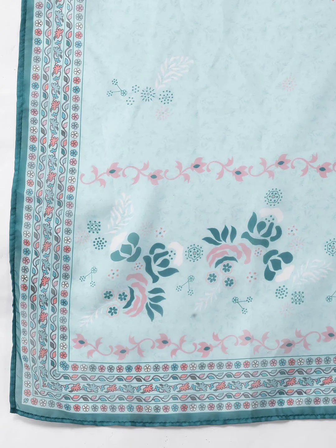 Turquoise Blue Floral Embroidered Silk Dupatta Set