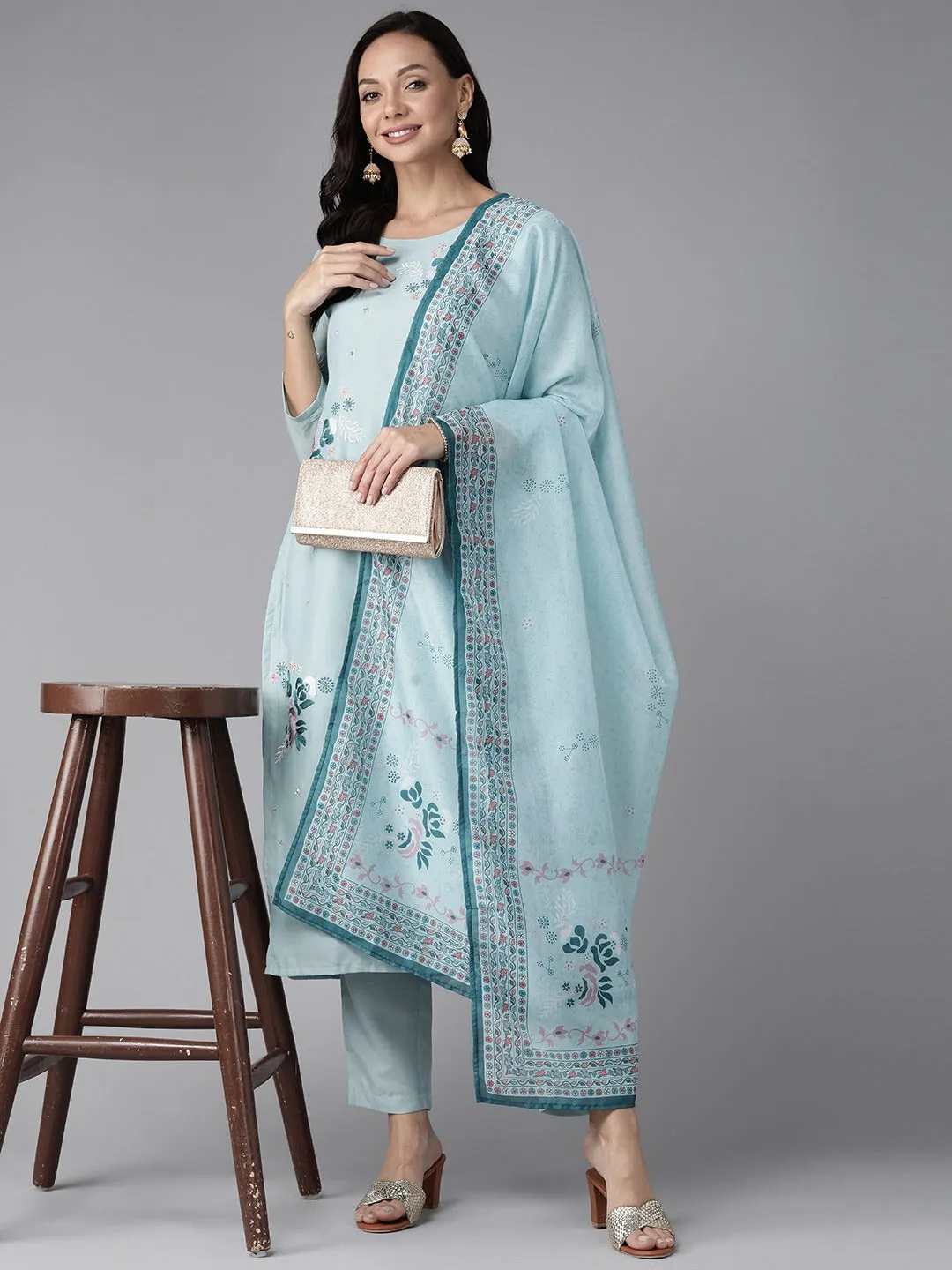 Turquoise Blue Floral Embroidered Silk Dupatta Set