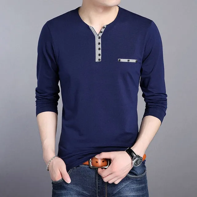 V Neck Solid Color Buttoned Long Sleeve Shirt