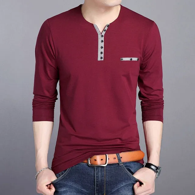 V Neck Solid Color Buttoned Long Sleeve Shirt