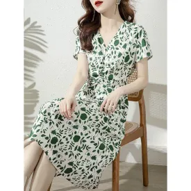 V-Neck Waist Cinching Slimming Cinched Waist Floral Print Dress