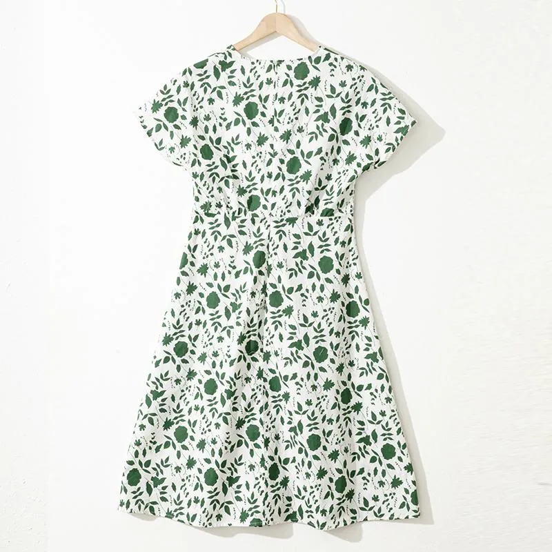 V-Neck Waist Cinching Slimming Cinched Waist Floral Print Dress