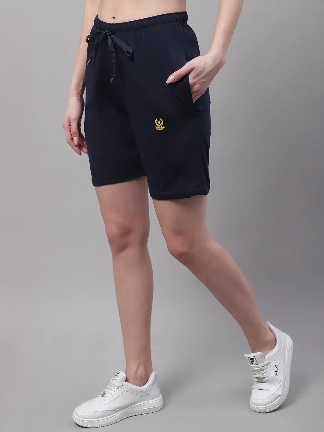 Vimal Jonney Navy Blue Regular fit Cotton Shorts for Women