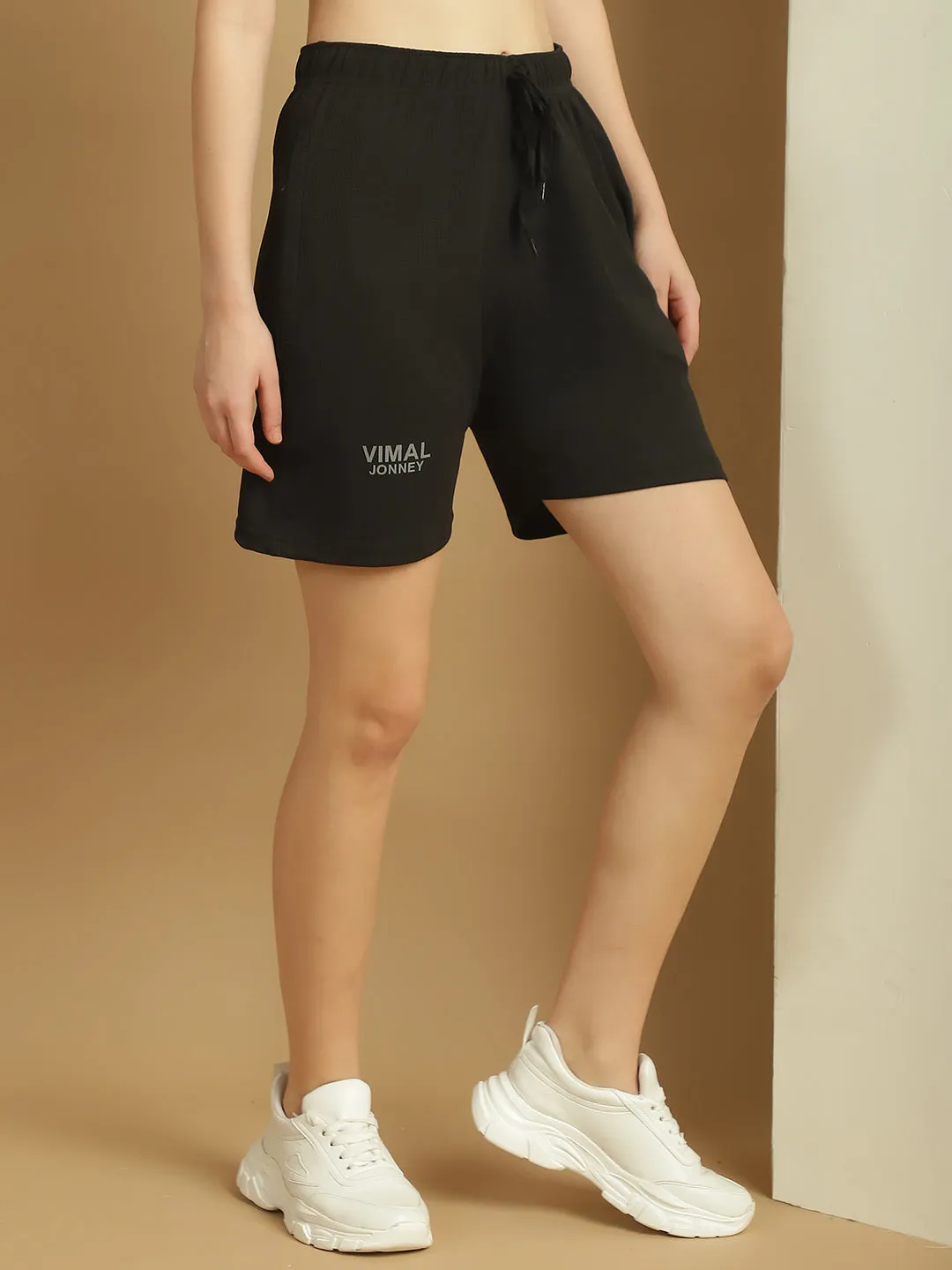 Vimal Jonney Solid Black Regular Fit Polyster Lycra Shorts For WOMEN