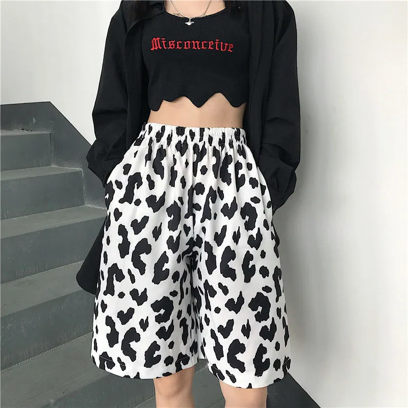 White Cow Women Shorts Elastic High Waist Wide Leg Women Shorts