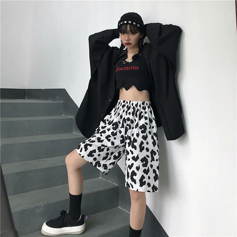 White Cow Women Shorts Elastic High Waist Wide Leg Women Shorts