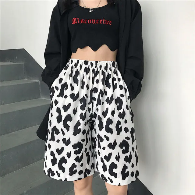 White Cow Women Shorts Elastic High Waist Wide Leg Women Shorts