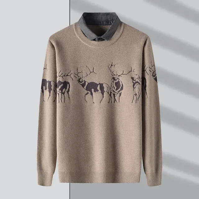 Wiaofellas Men's Deer Print Vintage Sweaters Autumn New Men Knitted Sweater Male Oversized Pullovers Hip Hop Harajuku Knitwear Clothes