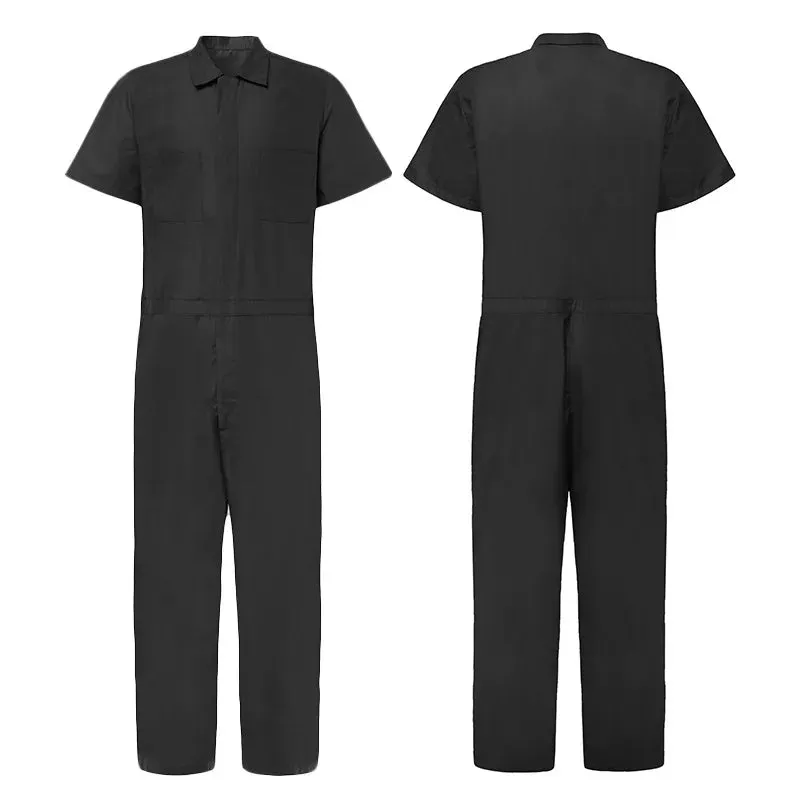 Wiaofellas  -  Men's Short  Sleeved Jumpsuits Multi Pocket Design Cargo Pants Zipper Lapel Loose Solid Workwear Jumpsuits For Men Rompers