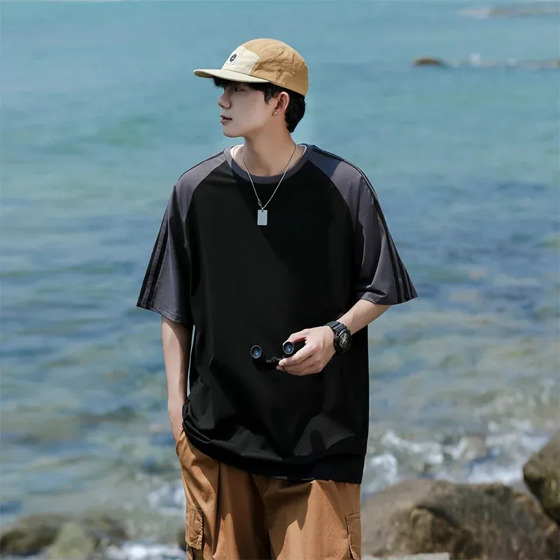 Wiaofellas  -  Summer Fashion Patchwork T-Shirt For Men Korean Trendy Couple Style Solid Simple Casual Basic Blank Tees Male High Street Tops