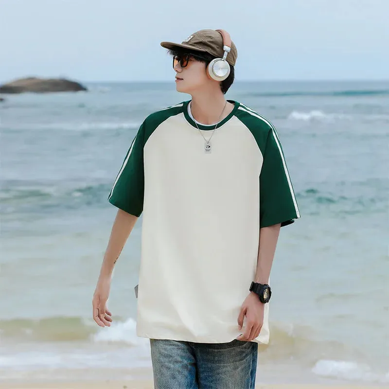 Wiaofellas  -  Summer Fashion Patchwork T-Shirt For Men Korean Trendy Couple Style Solid Simple Casual Basic Blank Tees Male High Street Tops