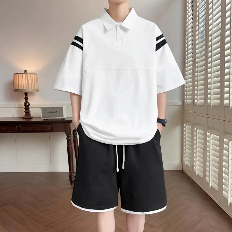 Wiaofellas  -  Summer Mens Casual Sets Short Sleeve Polo Shirts   Elastic Waist Shorts 2 Piece Tracksuit Men Streetwear Loose Top Tee Suit