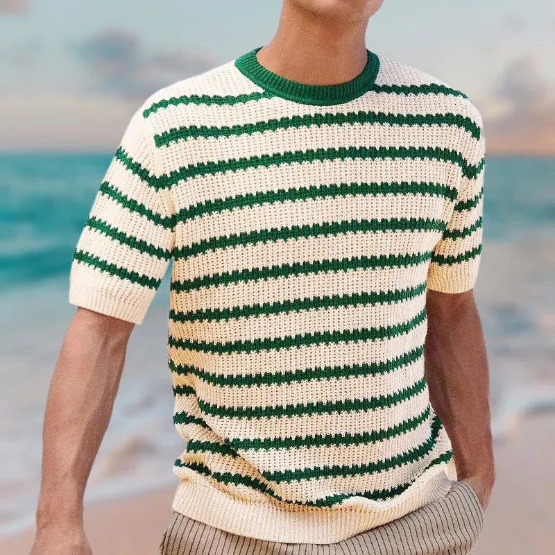 Wiaofellas  -  Vintage Holiday Style Striped Tees Pullover Men Clothing Casual Short Sleeve Knitted Shirts Fashion O-Neck T Shirt Tops