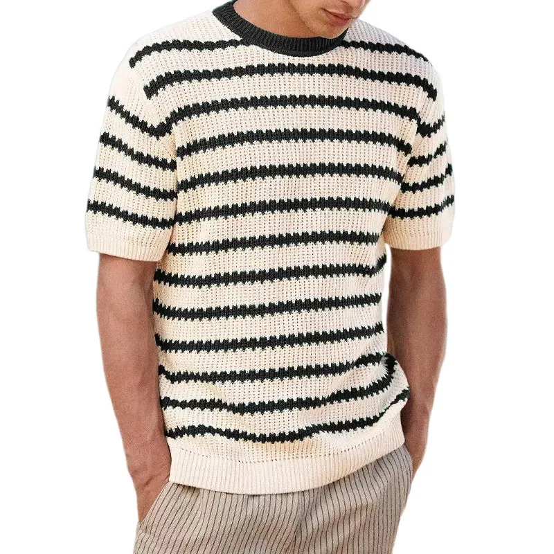 Wiaofellas  -  Vintage Holiday Style Striped Tees Pullover Men Clothing Casual Short Sleeve Knitted Shirts Fashion O-Neck T Shirt Tops