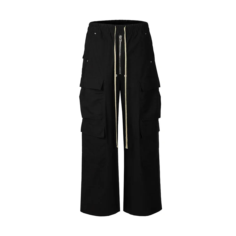 Wiaofellas  -  Wide Leg Drawstring Black Cargo Pants Unisex Straight Baggy Casual Overalls Men's Streetwear Loose Oversized Trousers