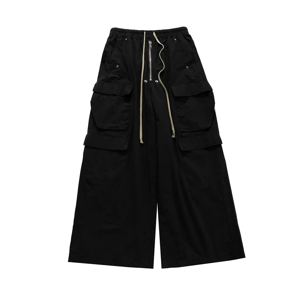 Wiaofellas  -  Wide Leg Drawstring Black Cargo Pants Unisex Straight Baggy Casual Overalls Men's Streetwear Loose Oversized Trousers