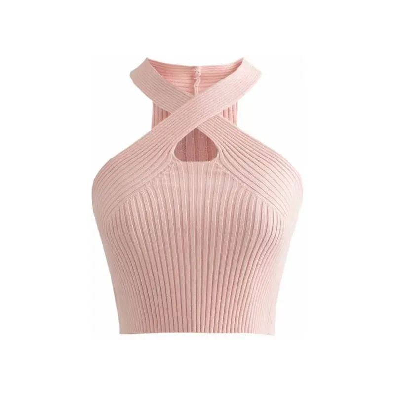 Wjczt Fashion Women Cross Halter Tops Female Off Shoulder Crop Tops Knitted Strappy Sexy Tank Tops Tops For Women 2022 Summer