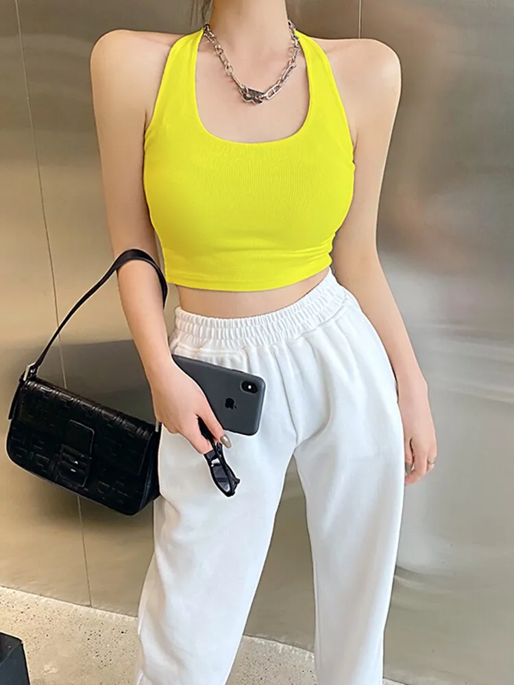 Wjczt Vest Sexy Crop Top Women Fashionable Solid Color Cross Hanging Neck Short Camisole Slim Midriff-baring Backless Women Summer