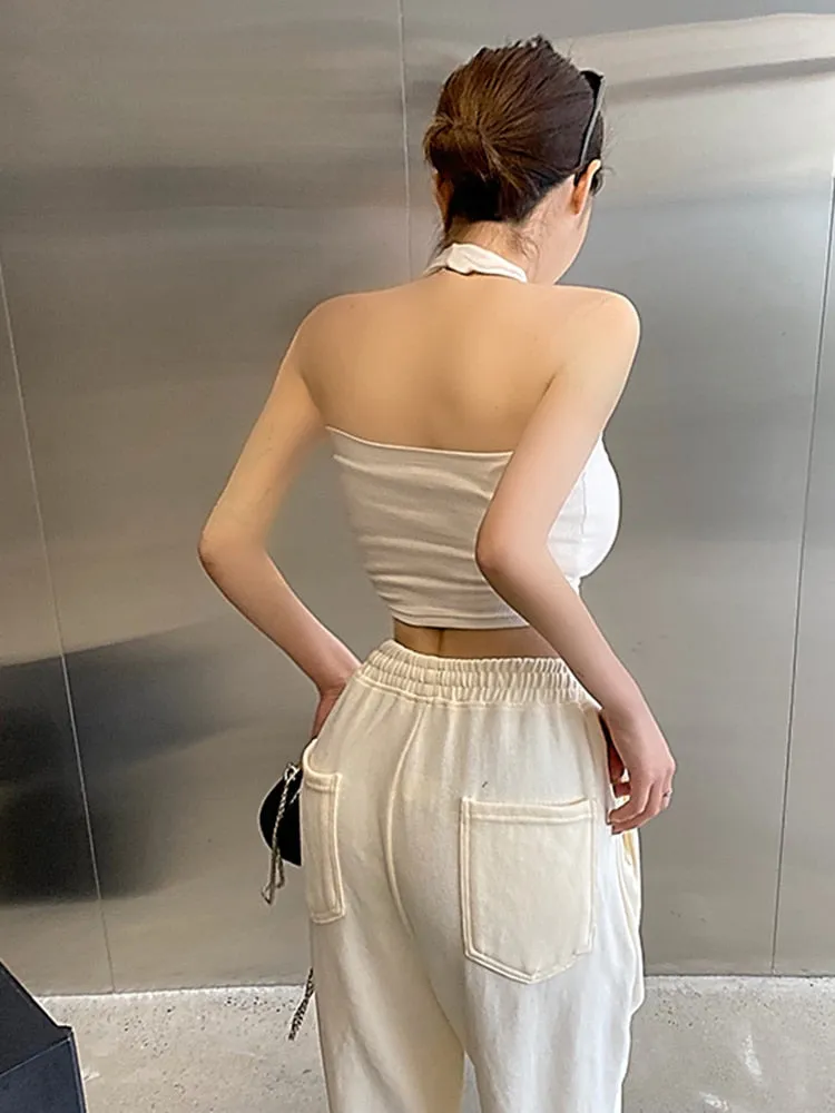 Wjczt Vest Sexy Crop Top Women Fashionable Solid Color Cross Hanging Neck Short Camisole Slim Midriff-baring Backless Women Summer