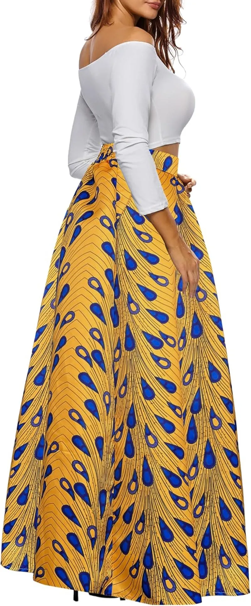 Women African Printed Maxi Skirt Flared Skirt a Line Long Skirts with Pockets S-5XL