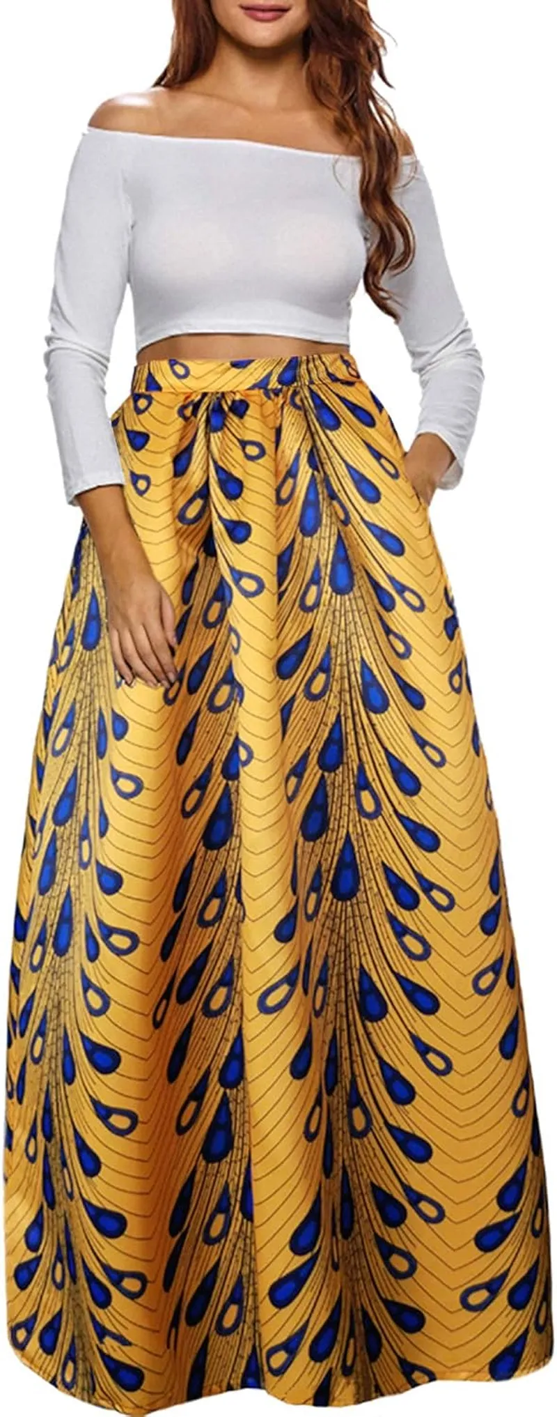 Women African Printed Maxi Skirt Flared Skirt a Line Long Skirts with Pockets S-5XL