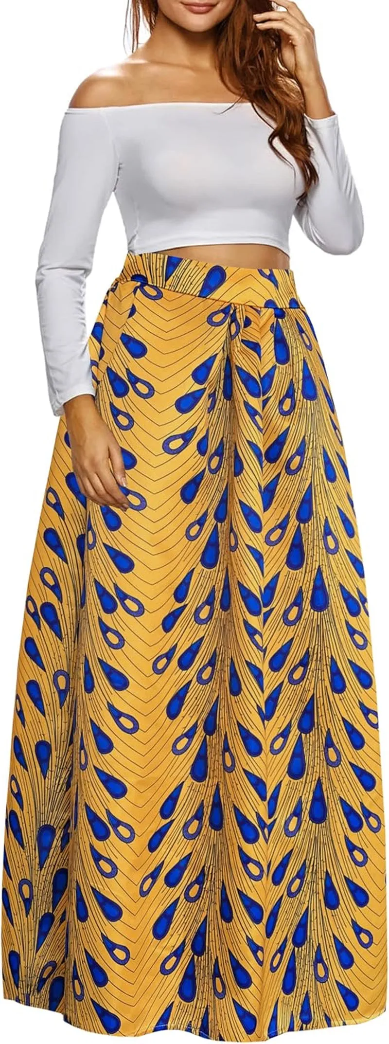 Women African Printed Maxi Skirt Flared Skirt a Line Long Skirts with Pockets S-5XL