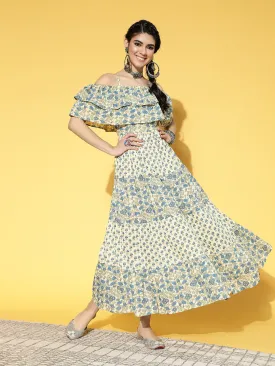 Women Beige & Blue Ethnic Motifs Printed Off-Shoulder Pure Cotton Tiered Maxi Dress