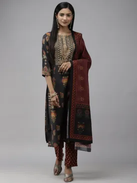 Women Black Ethnic Motifs Printed Sequinned Kurta Set